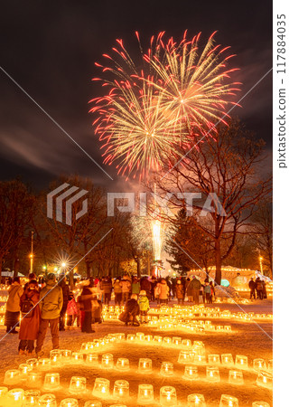 Hokkaido winter fireworks festival and spectators watching the fireworks 117884035