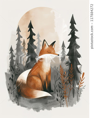 Tranquil Fox in Natural Habitat. Sitting Serenely in the Wilderness 117884272