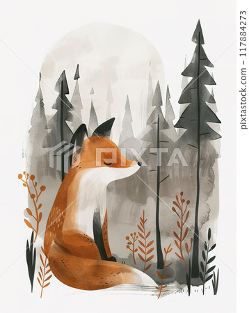 Observant Fox in the Wild. Serene Moment of Wildlife Sitting on Grass Observant Fox in the Wild. Serene Moment of Wildlife Sitting on Grass 117884273