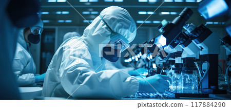 Scientist in Lab Coat and Gloves Working with Machinery in a Laboratory. AI Generated Image 117884290