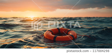 Life Preserver Floating in the Ocean at Sunset. AI Generated Image Life Preserver Floating in the Ocean at Sunset. AI Generated Image 117884298