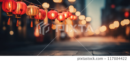 Lanterns Hanging on the Street: Festive Asian Decoration. AI Generated Image 117884422