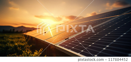 Solar Panel with the Sun Setting. AI Generated Image Solar Panel with the Sun Setting. AI Generated Image 117884452