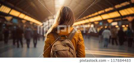 Woman with Backpack Walking Down a Train Platform. AI Generated Image 117884483
