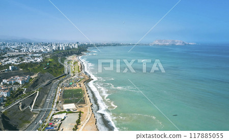 Aerial view of the Great Bay of Lima, cliff and the Costa Verde high way. Aerial view of the Great Bay of Lima, cliff and the Costa Verde high way. 117885055