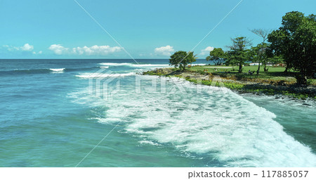 Panoramic aerial view of the La Punta beach, space for surfers in Los Caracas, La Guaira - Venezuela. Vargas state coastline 117885057