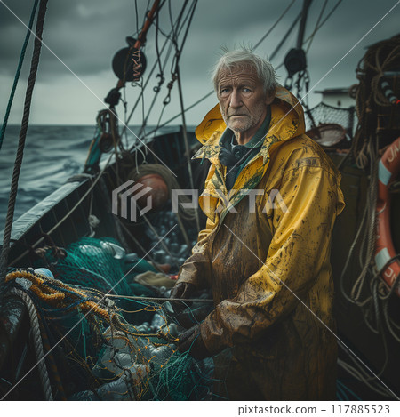 A man in a yellow raincoat is standing on a boat with a fishing net 117885523