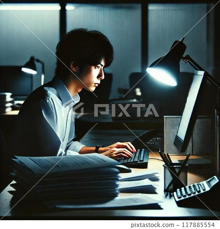 Young businessman working in the office late at night 117885554