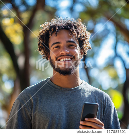 A man with curly hair is smiling and holding a cell phone 117885801