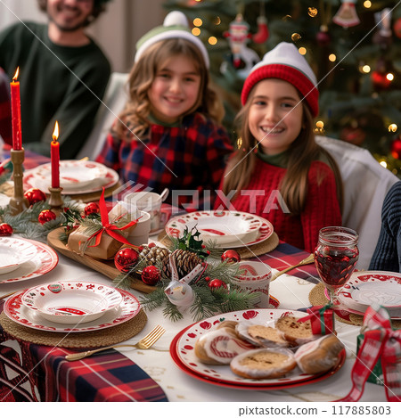 A family is sitting at a table with a Christmas tree in the background 117885803
