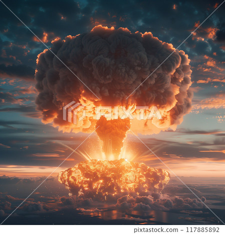 A large, orange, and white cloud of smoke is rising from the ground 117885892