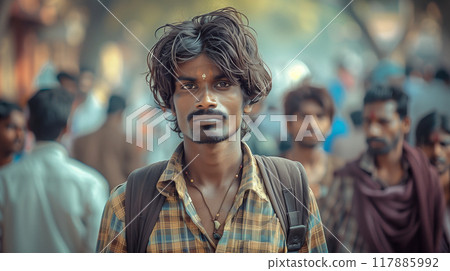 A man with a beard and a backpack stands in a crowd of people 117885992