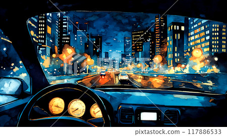Watercolor illustration landscape of night city drive seen from inside a car 117886533