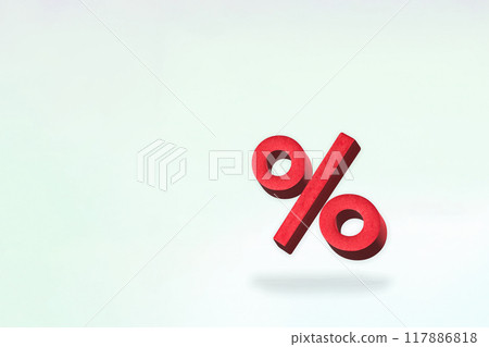 A white background with a floating red three-dimensional percent symbol at the bottom right 117886818