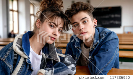 Casual Denim-Clad Teenagers in Classroom Setting 117886930