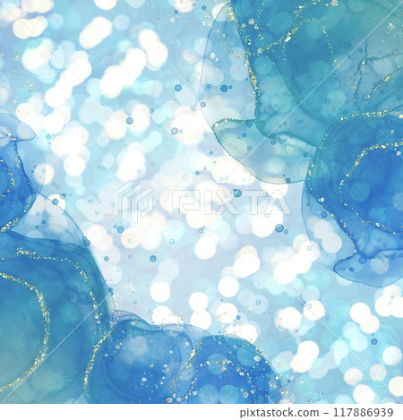 Square abstract background banner. Light blue round alcohol ink art with bokeh lights and gold glitter 117886939