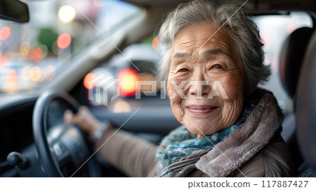 駕駛汽車的微笑的年長婦女 117887427