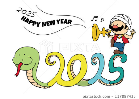 2025 New Year's card, cute New Year's card with a giant snake and a snake charmer, no text 117887433