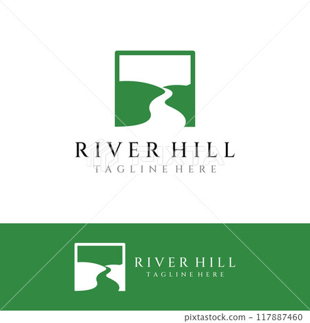 Logos of rivers, creeks, riverbanks and streams. River logo with combination of mountains and farmland with concept design vector illustration template. 117887460