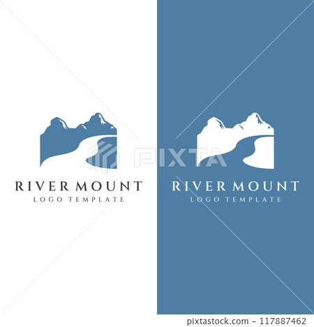 Logos of rivers, creeks, riverbanks and streams. River logo with combination of mountains and farmland with concept design vector illustration template. 117887462