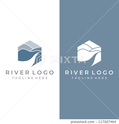 Logos of rivers, creeks, riverbanks and streams. River logo with combination of mountains and farmland with concept design vector illustration template. 117887464