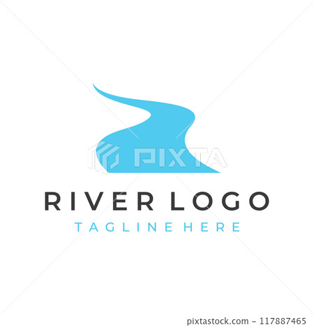 Logos of rivers, creeks, riverbanks and streams. River logo with combination of mountains and farmland with concept design vector illustration template. 117887465