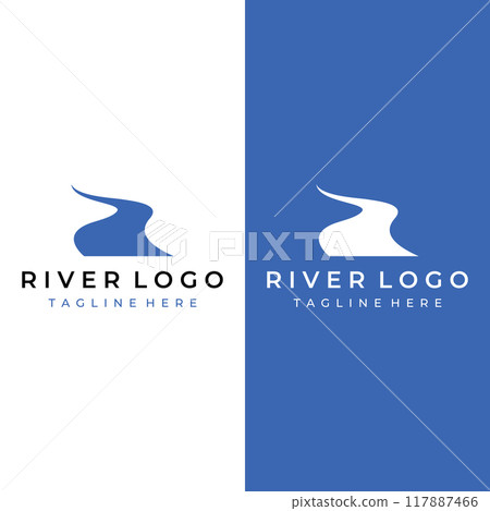 Logos of rivers, creeks, riverbanks and streams. River logo with combination of mountains and farmland with concept design vector illustration template. 117887466