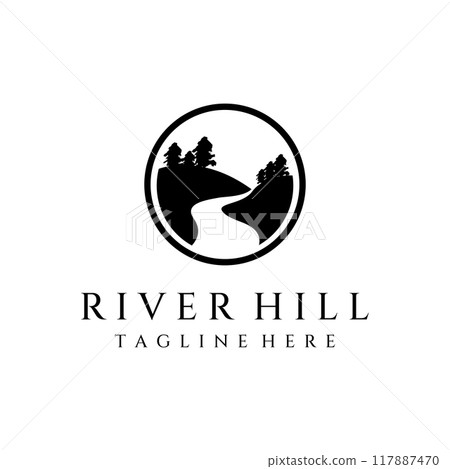 Logos of rivers, creeks, riverbanks and streams. River logo with combination of mountains and farmland with concept design vector illustration template. Logos of rivers, creeks, riverbanks and streams. River logo with combination of mountains and farmland with concept design vector illustration template. 117887470