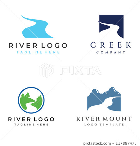 Logos of rivers, creeks, riverbanks and streams. River logo with combination of mountains and farmland with concept design vector illustration template. 117887473