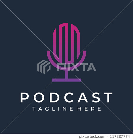 Podcast logo template vector design with modern trendy microphone audio. Podcasts for studio, interview, multimedia and web. Podcast logo template vector design with modern trendy microphone audio. Podcasts for studio, interview, multimedia and web. 117887774