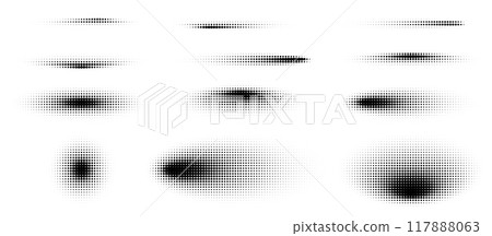Abstract halftone shadows, round shaped graphic elements, fading circular graphic textures. 117888063