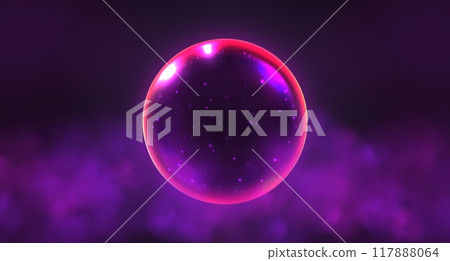 Crystal magic ball, mystic prophecy orb, oracle sphere with smoke cloud and sparkling stars. 117888064