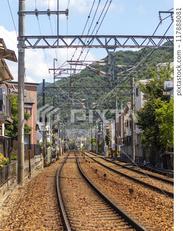 The Nose Electric Railway Myoken Line tracks running through a residential area 117888081