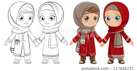 Muslim Children Holding Hands Illustration 117888155