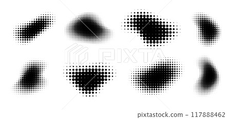 Abstract halftone figures, gradient dot texture, circular spray effect, graphic retro shapes. 117888462