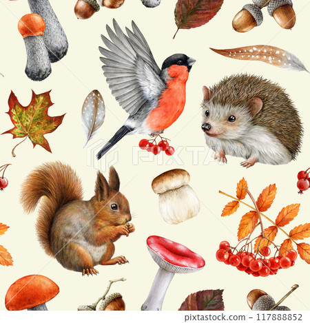Vintage style fall season seamless pattern with forest animals, natural elements. Watercolor illustration. Cute hedgehog, red squirrel, forest mushrooms, fallen leaves seamless pattern in warm colors 117888852