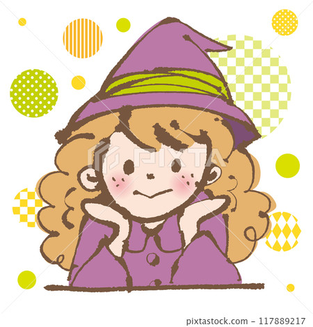 A girl dressed like a witch resting her chin on her hand A girl dressed like a witch resting her chin on her hand 117889217