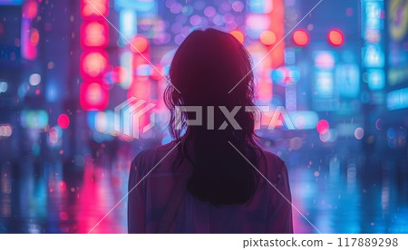 A person is standing in the rain in a city with neon lights by AI generated image 117889298