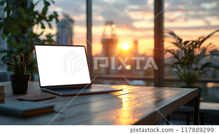 A laptop is open on a desk with a view of the city skyline by AI generated image A laptop is open on a desk with a view of the city skyline by AI generated image 117889299