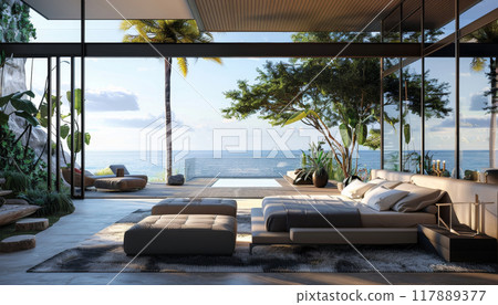 A large bedroom with a view of the ocean by AI generated image 117889377