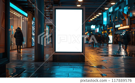 A large white billboard sits on a wet sidewalk in a city by AI generated image 117889576