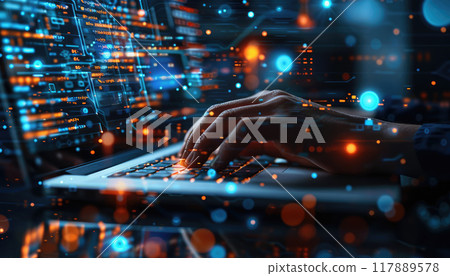 A person is typing on a laptop with a colorful, abstract background by AI generated image 117889578