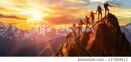A group of people are climbing a mountain together by AI generated image 117889612