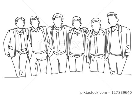 Continuous one line drawing group of happy young men hugging. Male together. Happy friendship day with diverse friends of people hugging together. Single line draw design vector graphic illustration Continuous one line drawing group of happy young men hugging. Male together. Happy friendship day with diverse friends of people hugging together. Single line draw design vector graphic illustration 117889640