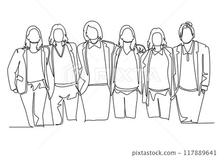 Continuous one line drawing group of women are hugging. Female together. Happy friendship day with diverse friends of people hugging to celebrate special event. Single line design vector illustration Continuous one line drawing group of women are hugging. Female together. Happy friendship day with diverse friends of people hugging to celebrate special event. Single line design vector illustration 117889641