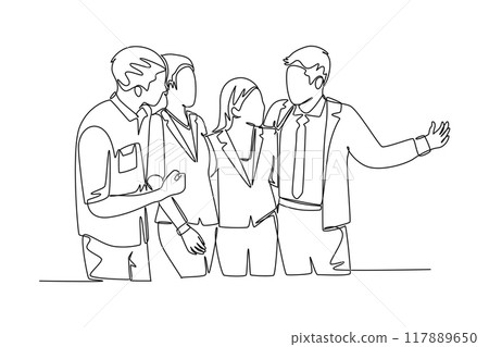Single continuous line drawing of young happy male and female employees standing together and posing to hug each other at office. Business friendship. One line draw graphic design vector illustration Single continuous line drawing of young happy male and female employees standing together and posing to hug each other at office. Business friendship. One line draw graphic design vector illustration 117889650
