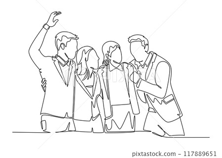 Single continuous line drawing of young happy male and female manager standing together and hugging each other to show their unity bonding. Friendship concept. One line draw design vector illustration Single continuous line drawing of young happy male and female manager standing together and hugging each other to show their unity bonding. Friendship concept. One line draw design vector illustration 117889651