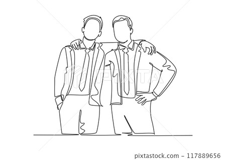 Single continuous line drawing of two young happy businessmen at the office standing together and posing to hug each other. Business partner concept. One line draw graphic design vector illustration 117889656