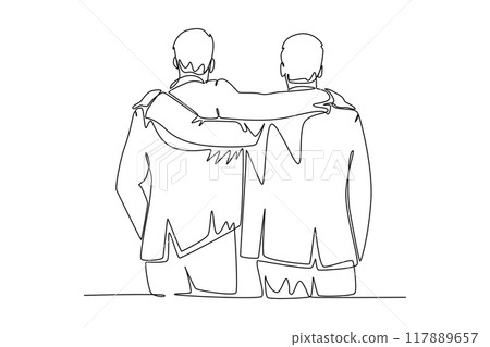 Single continuous line drawing back view of two male workers at office hugging and supporting each other for success of their career. Friend support. One line draw graphic design vector illustration 117889657