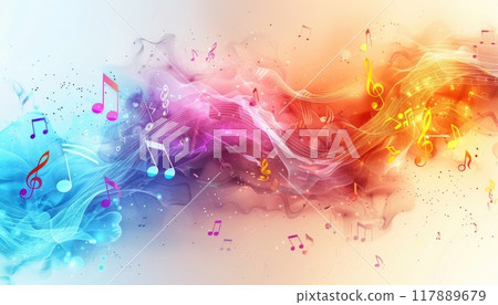 A colorful, abstract background with many musical notes scattered throughout by AI generated image 117889679